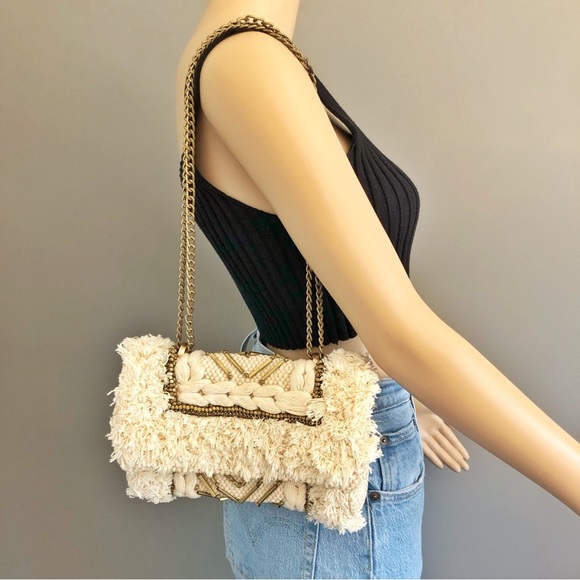 ZARA Unique Boho Beaded Cream Golden Tone Chain &Hardware Crossbody Shoulder Bag - Picture 3 of 15